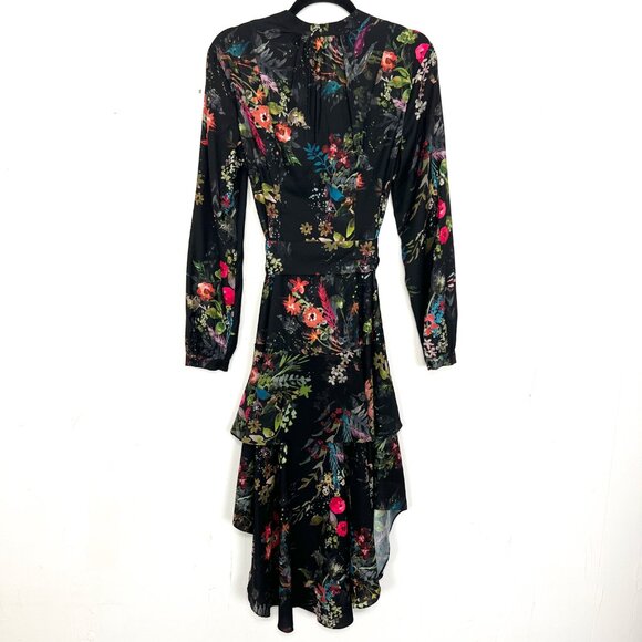 Parker Midi Dress Black Colorful Floral Button Down Long Sleeve Belted 4 Small - Picture 4 of 6
